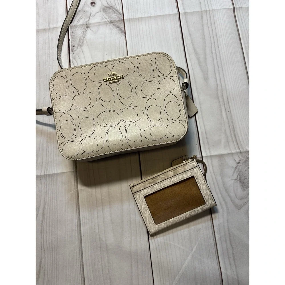 Coach Mini Camera Bag in Signature Perforated Leather White Gold Hardware Wallet